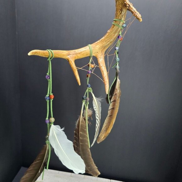 Handcrafted Natural Dreamcatcher Gemstone, Feather, and Deer Antler Unique Decor - Picture 3 of 8